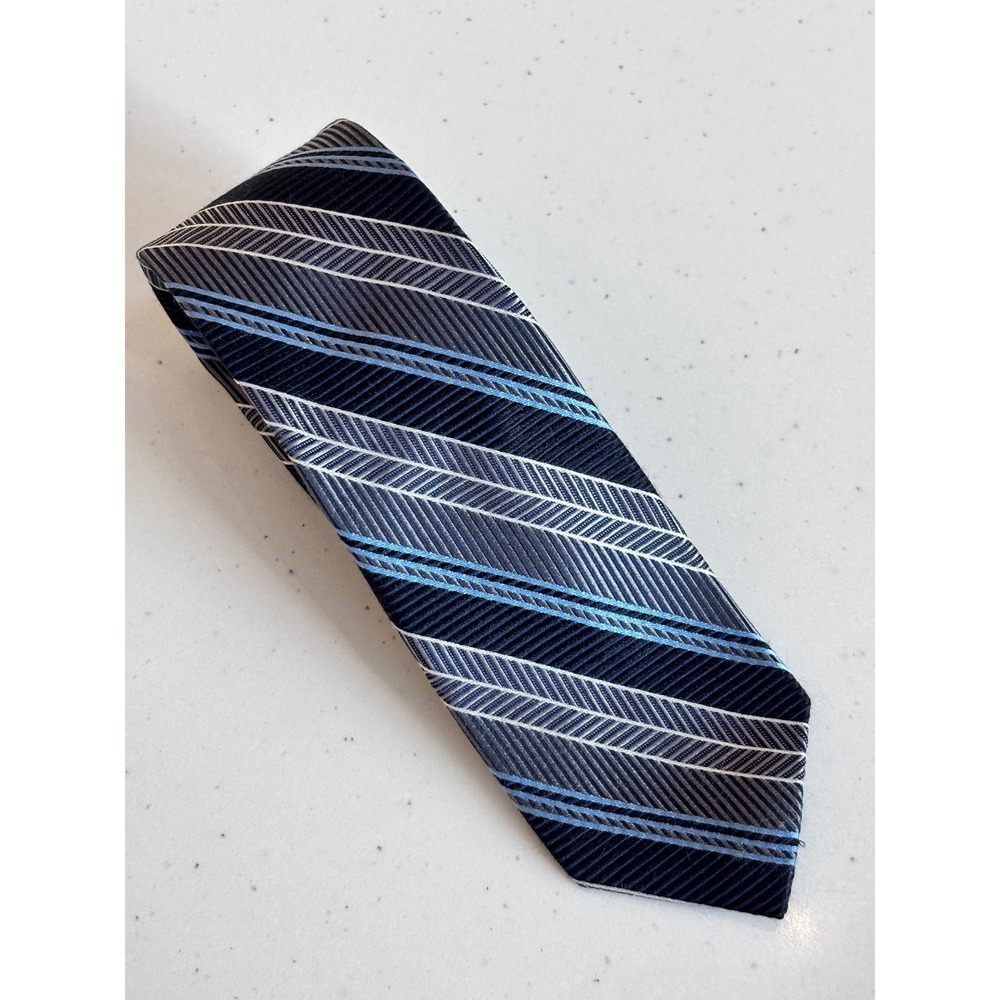 Jos. A. Bank Reserve Silk Tie Navy Blue Light Blue Grey Striped Herringbone Mens